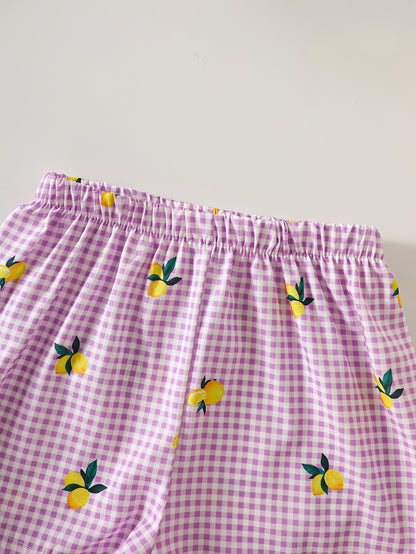 2pcs Set. Girls' Vest And Shorts Outfit, Lemon Print, Contrast Plaid Pattern, Bow Detail, Ruffled Hem. Summer Casual Outfit for Girls. Ideal Gift for 1-8 Year Olds. Suitable for Outdoor Wear