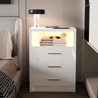 Black/White Night Stand with 2/3 Drawers, High Gloss Bedside Table with RGB Lights/Type-C/USB Port for Bedroom