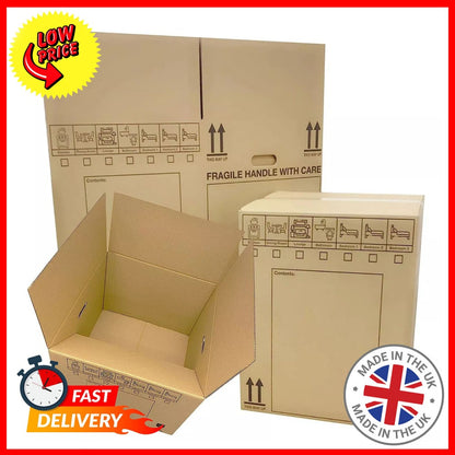 Extra Large Removal Boxes 5 Pack 21x21x16" – Strong Cardboard Moving Boxes with Carry Handles & Printed Room Checklist for House Moves, Storage & Packing UK