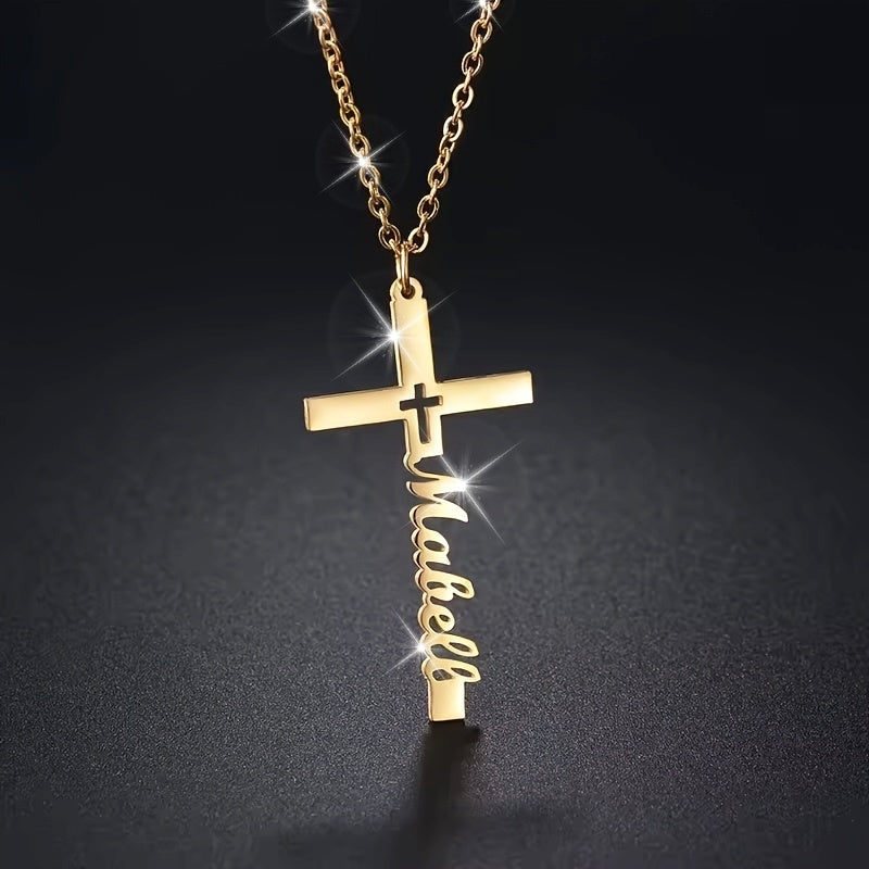Golden Silvery Personalized Custom Name Necklace 1pc, Hollow Cross Pendant, Women Girlfriend Gift Jewelry, Easter Religious Belief Gift, Suitable for Women Mom