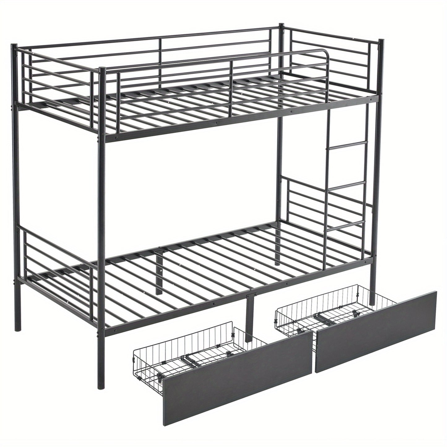 Adult Bunk Bed, Sturdy Twin Over Twin Metal Structure Featuring an Integrated Safety Ladder, Complete Guardrails, Underbed Storage Space, Black Coating