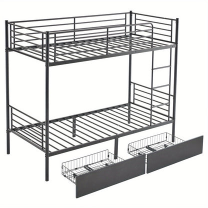 Adult Bunk Bed, Sturdy Twin Over Twin Metal Structure Featuring an Integrated Safety Ladder, Complete Guardrails, Underbed Storage Space, Black Coating
