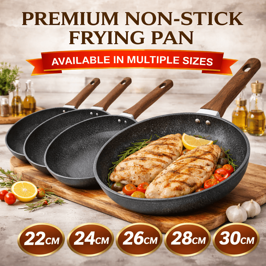 STL Frying Pan Non-Stick, Durable, Wooden Handle, Anti-Scratch Granite Coating, Compatible with Induction, Electric & Gas Hobs, Ergonomic Soft Grip