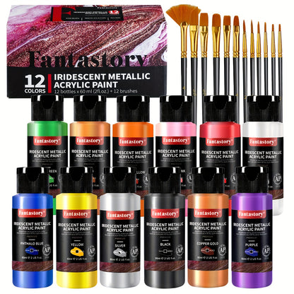 Fantastory Metallic Iridescent Acrylic Paint Set With 10 Brushes, 12/20 X 2oz Metallic Colors, Color-Shifting Craft Paint Kit Metal Canvas Rock Stone Ceramic Model Wood Painting Professional Craft