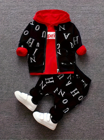 3pcs Boys' Hoodie & Pants Set - Oversized White Hooded Jacket with Black Letter Print & Matching Pants, Red Accent Casual Outfit | Spring/Fall Baby Clothes | Easy-Care 3pcs for (Letterman Jacket Style), Perfect for Outdoor