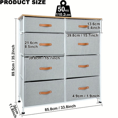 Bedroom Chest of Drawers with 8 Fabric Drawers, Tall Dresser, Fabric Dresser with Wood Top, Drawer Storage Unit for Bedroom, Living Room, Black Grey