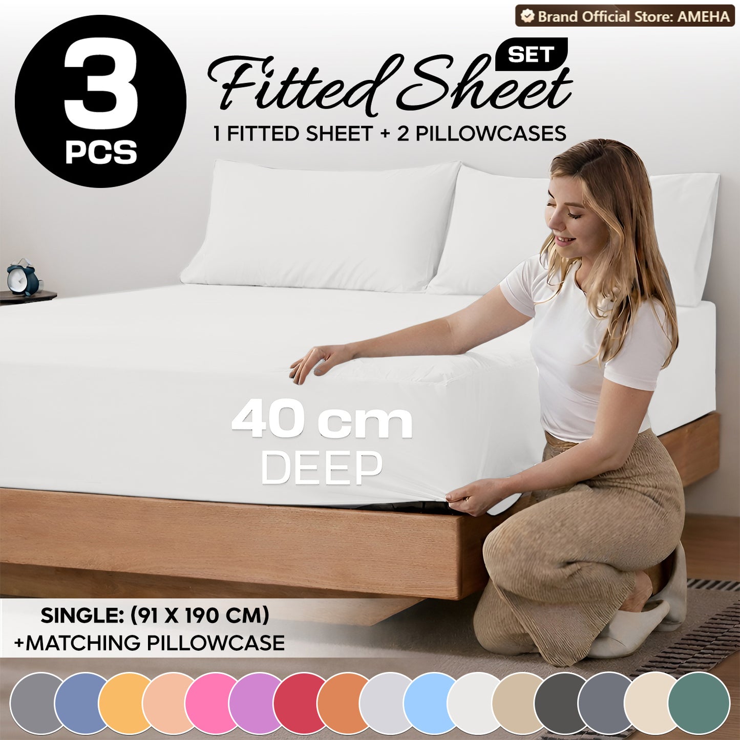 3pcs 40cm Extra Deep Fitted Sheet – Solid Color Soft & Comfortable Bed Sheet with 2pcs Matching Pillowcases, Breathable Fabric Soft Brushed Microfiber Bedding, Machine Washable for Home Bedroom, Hotel