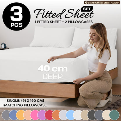 3pcs 40cm Extra Deep Fitted Sheet – Solid Color Soft & Comfortable Bed Sheet with 2pcs Matching Pillowcases, Breathable Fabric Soft Brushed Microfiber Bedding, Machine Washable for Home Bedroom, Hotel