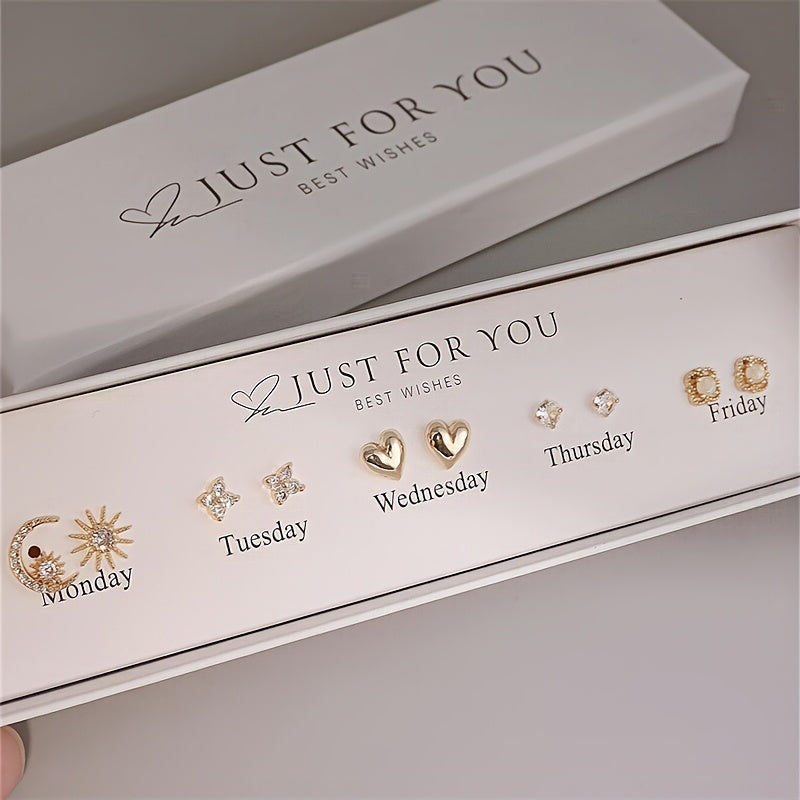 10pcs Set of Easy And Cute Synthetic Zirconia Earrings Set with Sun, Heart, Flower Shape for Women, Suitable for Daily Banquets, Commuting, Mother'S Day, Thanksgiving, Gifts for Lovers, Mothers, And Daughters, Middle East Ramadan Festival