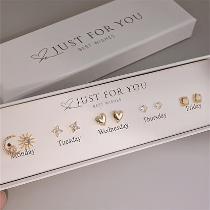 10pcs Set of Easy And Cute Synthetic Zirconia Earrings Set with Sun, Heart, Flower Shape for Women, Suitable for Daily Banquets, Commuting, Mother'S Day, Thanksgiving, Gifts for Lovers, Mothers, And Daughters, Middle East Ramadan Festival