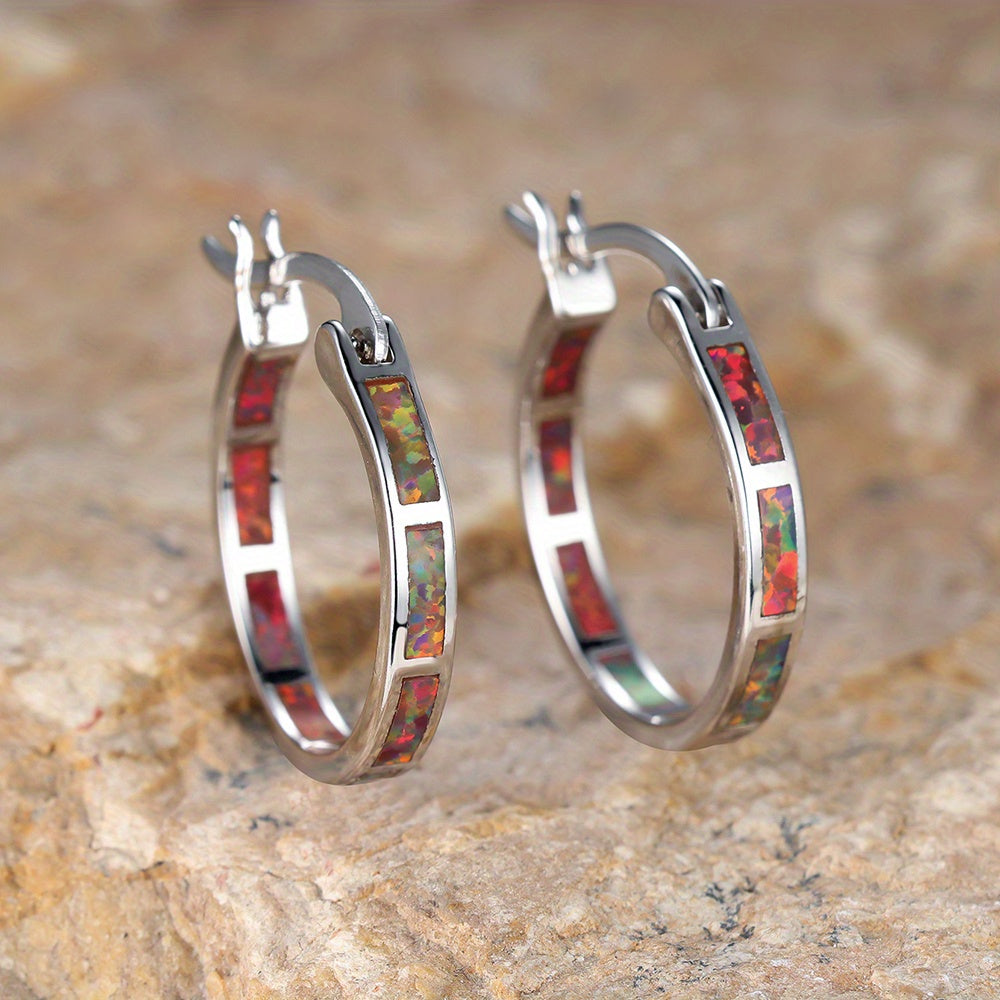 Boho Vintage Blue White Synthetic Opal Earrings | 14K Golden Plated Copper Hoop Earrings for Women, Suitable for Daily and Party Occasions