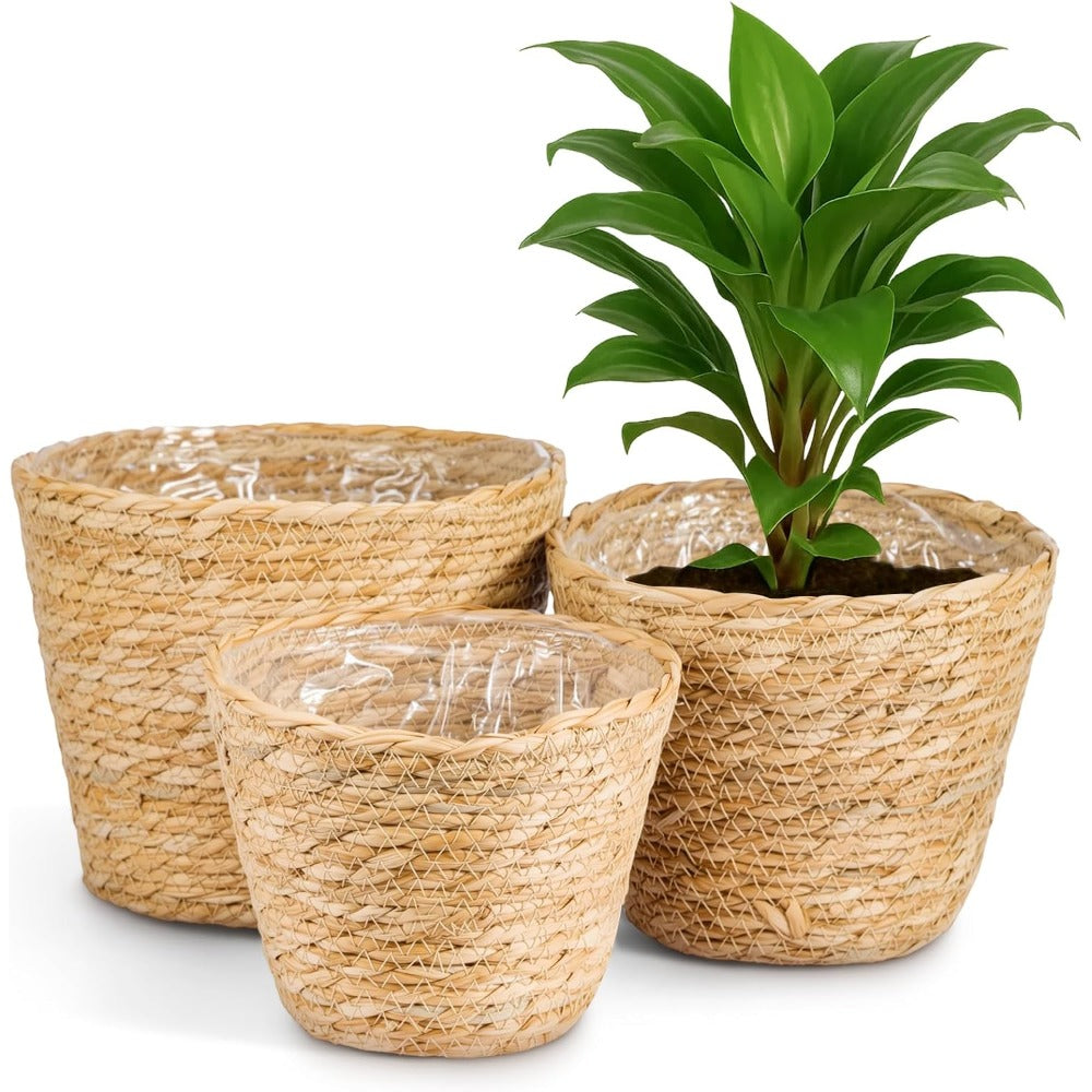 natural woven seagrass planter basket with liner