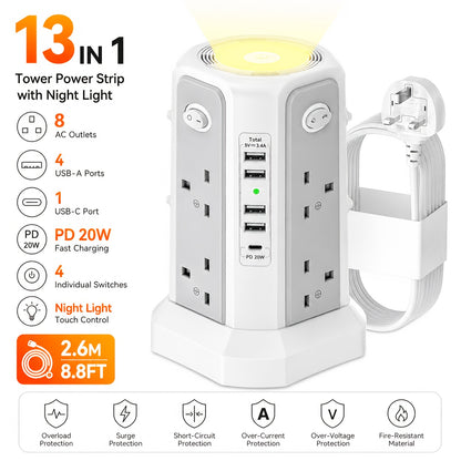 Upgraded New Product Tower Extension with USB Slots 3.02m, 20W Fast Charger with Night Light, (13A 3250W)5 USB Ports & 8 Way, Surge Protected Extension with 4 Independent Switch, Extension Cable for Home Office for Business for Factory