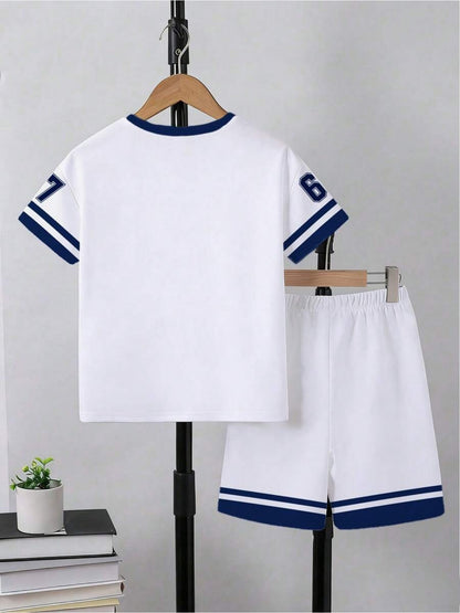 2pcs/Set Boys' Casual Stylish Creative Graphic Number 67 Cartoon Print Short Sleeve T-Shirt And Shorts Set, Comfortable Daily Wear for Spring, Summer & Autumn, for Outdoor