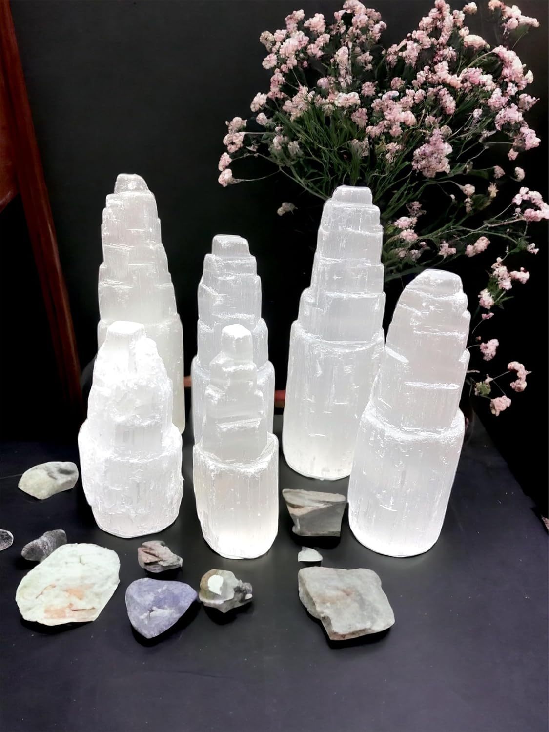 Selenite Mountain Pillars Handmade White Natural Raw Crystal Tower Healing Energy Mineral Meditation Charging Selenite Crystal Table Decorative Pillar Chakra Spiritual Gift Decorative