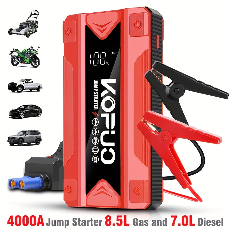 KOPUO Car Battery Jump Starter Portable 3000A: Supports 1.32gal Gas/1.06gal Diesel, with Safe Jumper Cables+Fast Charge+LED Light/SOS, Essential for Camping Trips/Long-Distance Road Trips/Vehicle Breakdowns