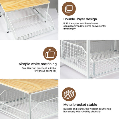 Space-Saving Kitchen Countertop Storage Rack with Drawers And Metal Baskets - Sturdy And Durable Double-Layer Metal Storage Rack for Cookware, Tableware, And Condiments - Modern Black And White Design.