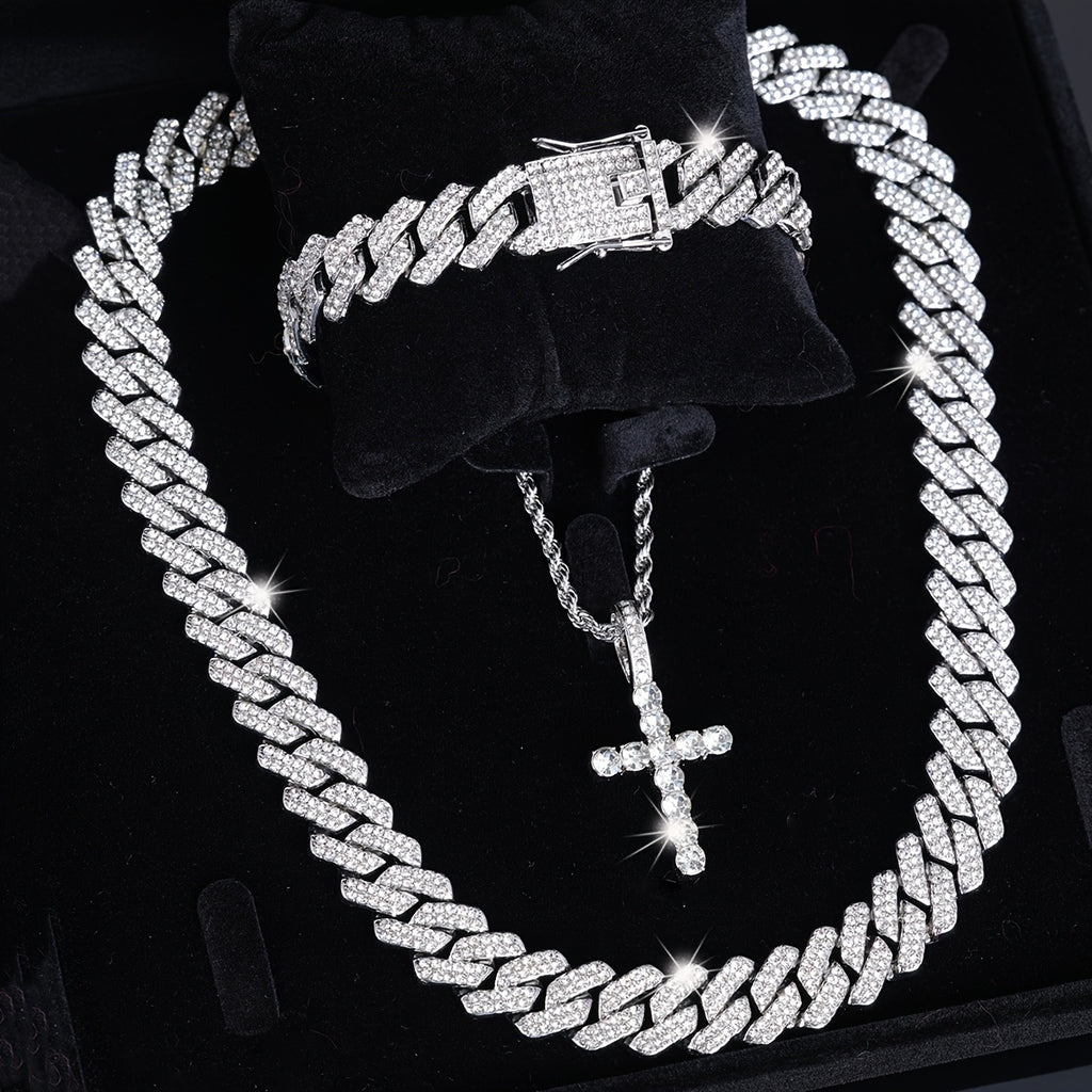 Cross Necklace & Rhinestone Bracelet Jewellery Set