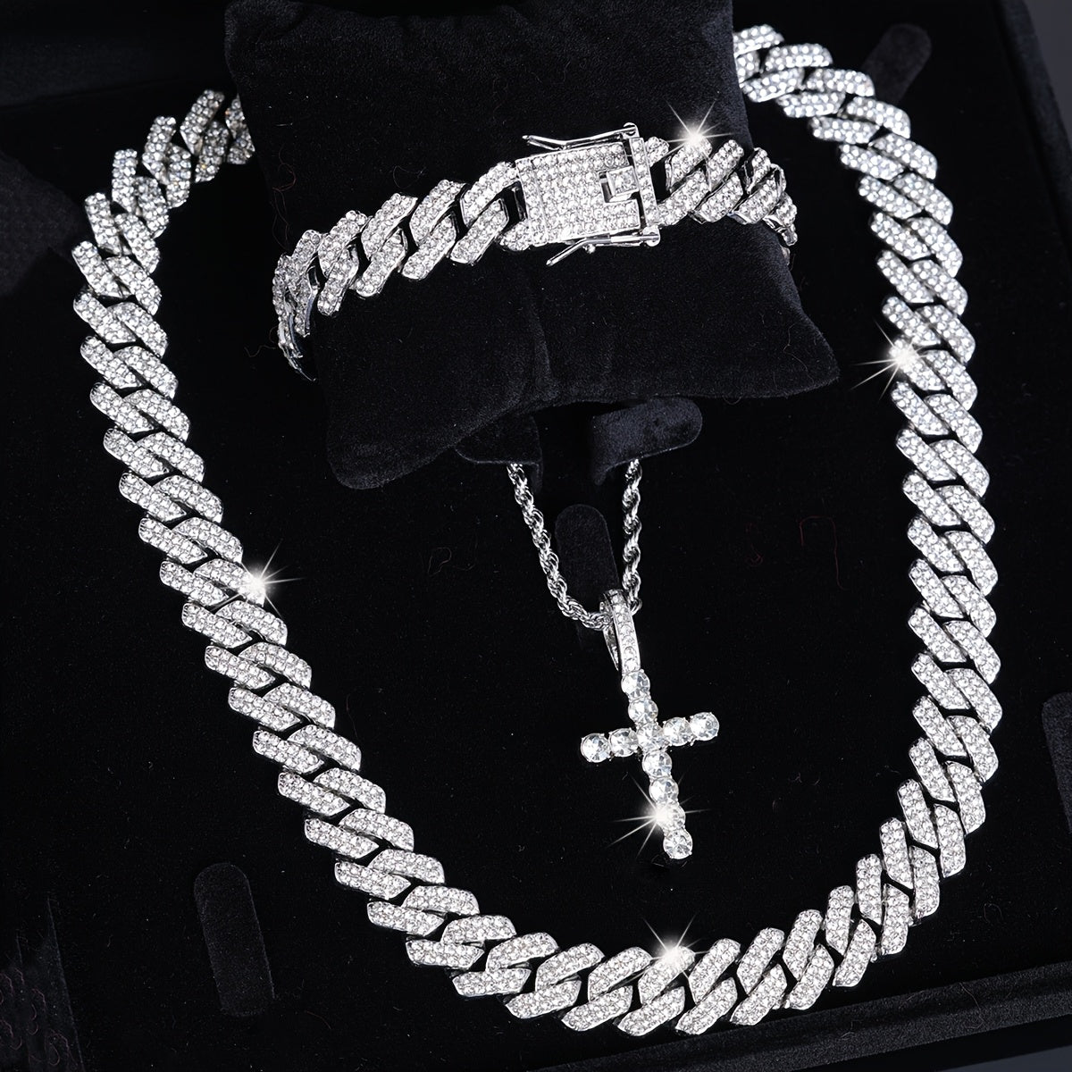 Unisex 3pcs hip-hop style Men's Christmas jewelry set - cross necklace with multi-layered Cuban chain, Rhinestones-encrusted bracelet -