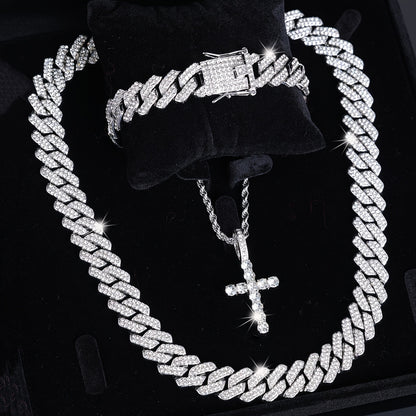 Unisex 3pcs hip-hop style Men's Christmas jewelry set - cross necklace with multi-layered Cuban chain, Rhinestones-encrusted bracelet -