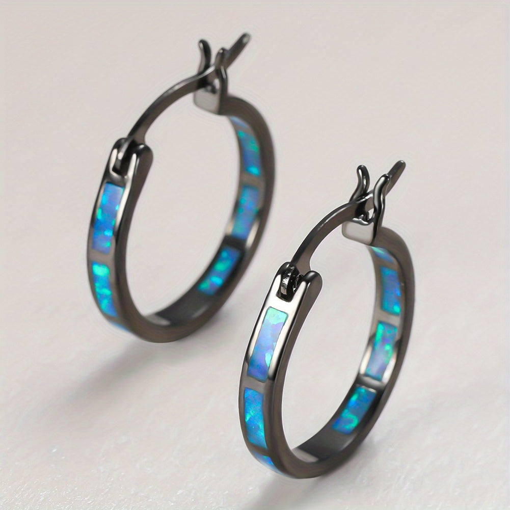 Boho Vintage Blue White Synthetic Opal Earrings | 14K Golden Plated Copper Hoop Earrings for Women, Suitable for Daily and Party Occasions
