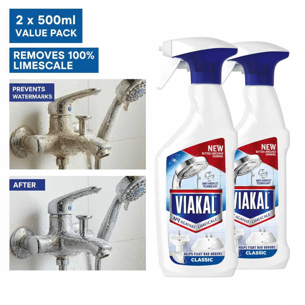 VIAKAL CLASSIC Limescale Remover Spray, 2 x 500ml, Multi-Surface Bathroom and Kitchen Cleaner, Helps Remove Limescale and Watermarks
