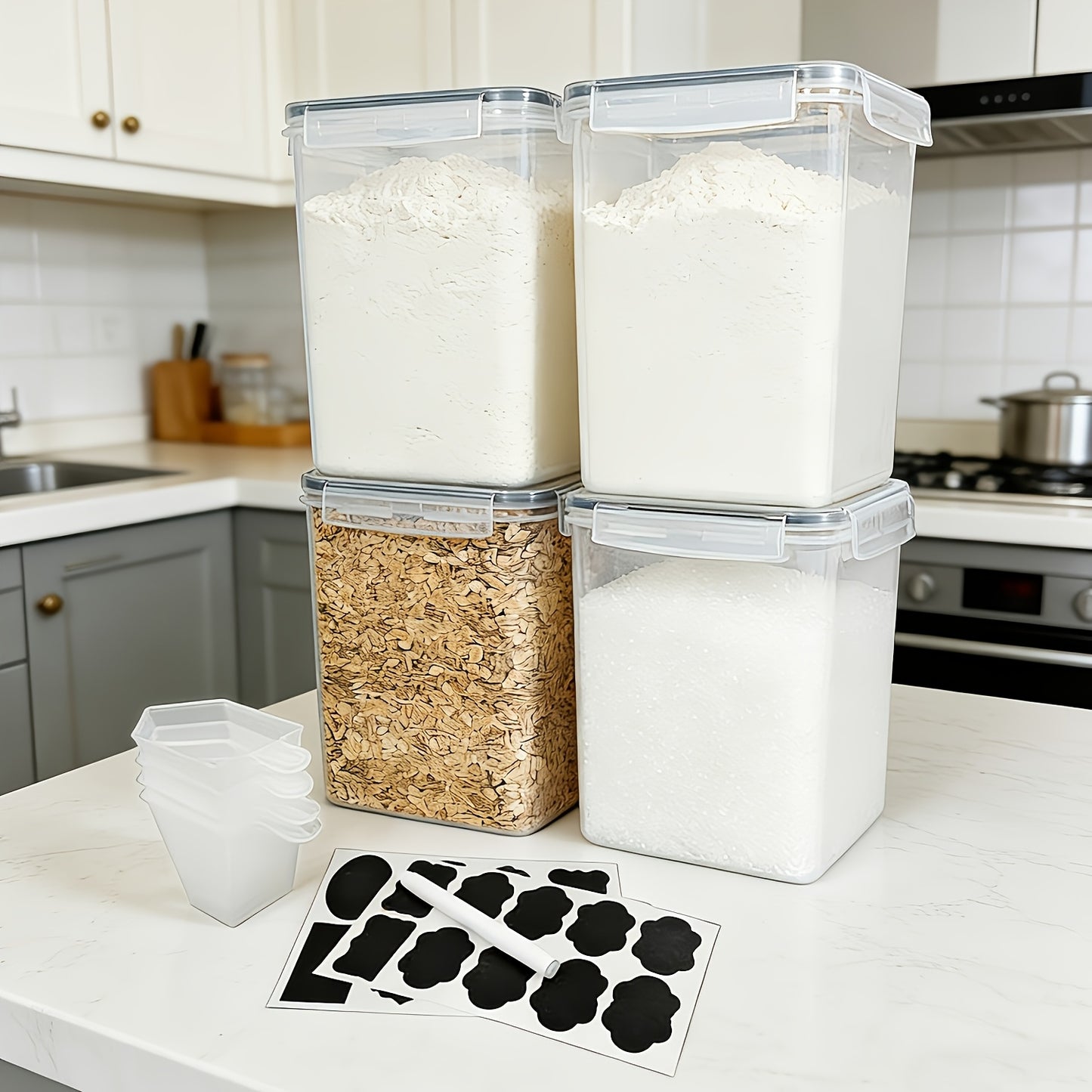 4 Pack Sealed Jars, Large Food Storage Containers, Plastic Airtight Canisters For Flour, Sugar, Baking Supplies, Pasta, Rice With Lids, 4 Measuring Cups And 24 Labels, Black