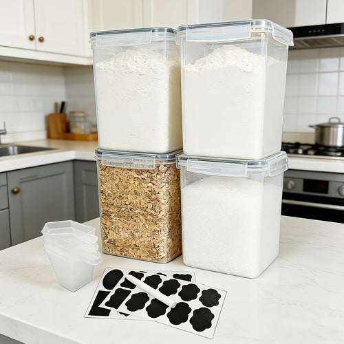 4 Pack Sealed Jars, Large Food Storage Containers, Plastic Airtight Canisters For Flour, Sugar, Baking Supplies, Pasta, Rice With Lids, 4 Measuring Cups And 24 Labels, Black