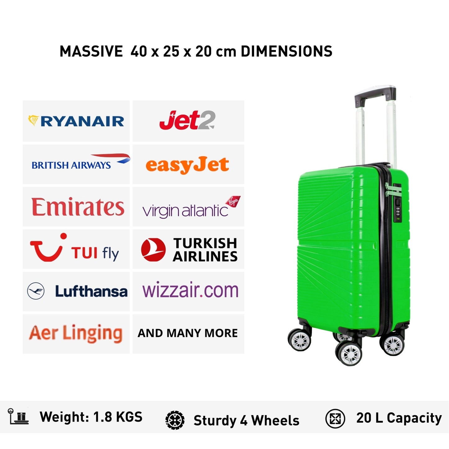 1611 RYANAIR UNDERSEAT CABIN TROLLEY CASE 40 X 25 X 20 CM DETACHABLE WHEELS