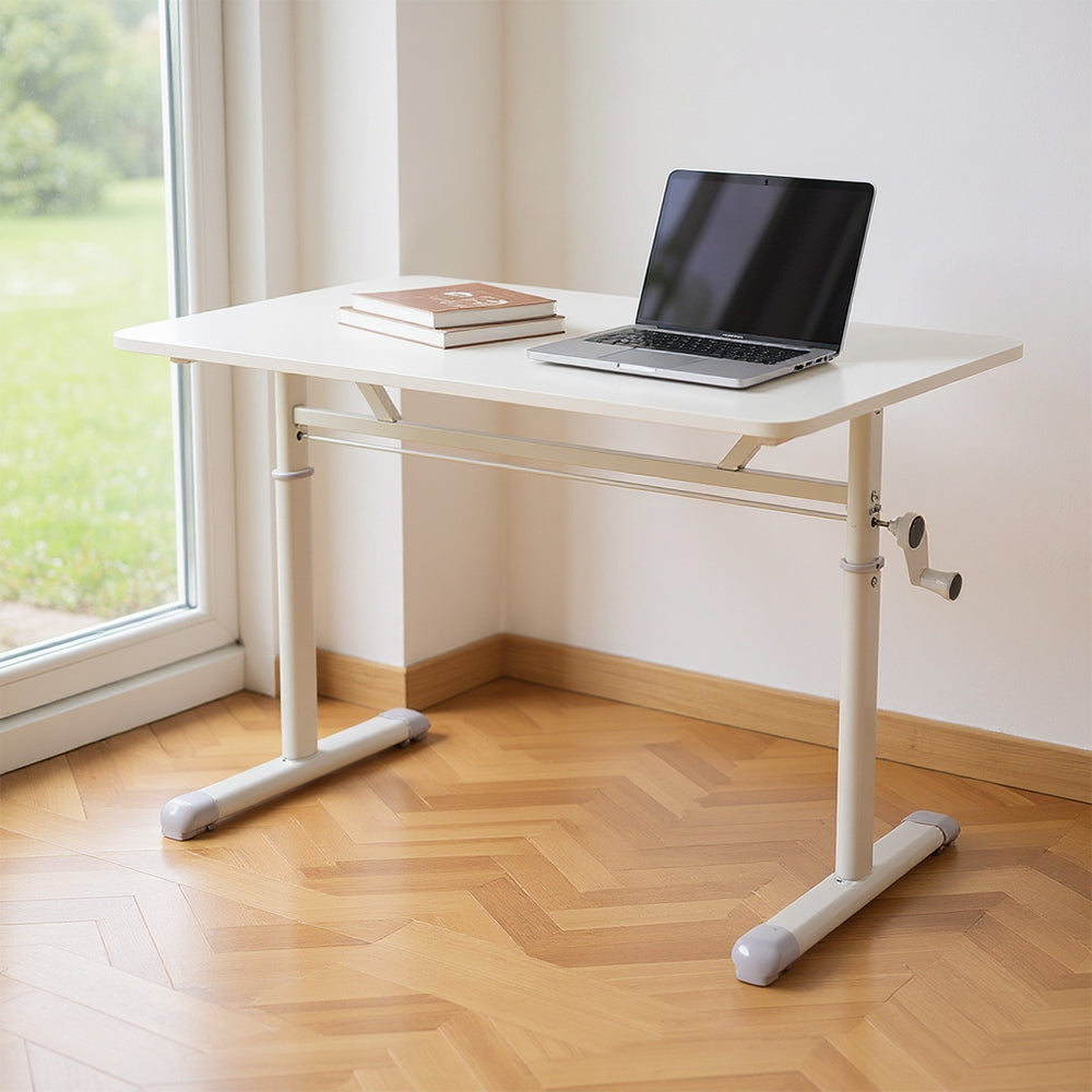 Premium Manual Adjustable Desk 60-90cm - Ergonomic Workstation with Crank Handle & Reinforced Base, Gaming & Home Office Desk, White Compact Study Table (Easy Assembly)