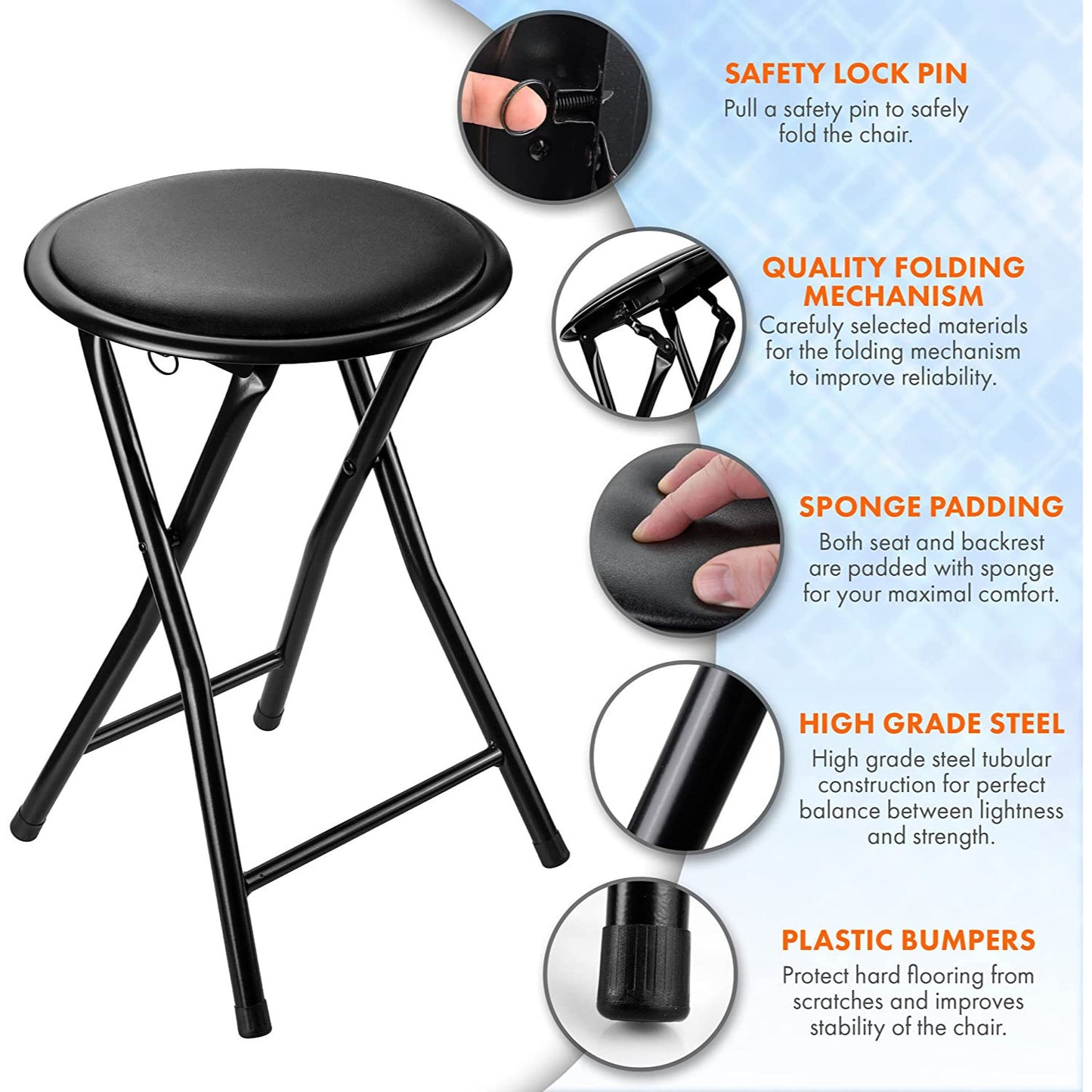BLACK WHITE FOLDING STOOL ROUND FOLDABLE METAL SPACE SAVING STOOLS PADDED SEAT