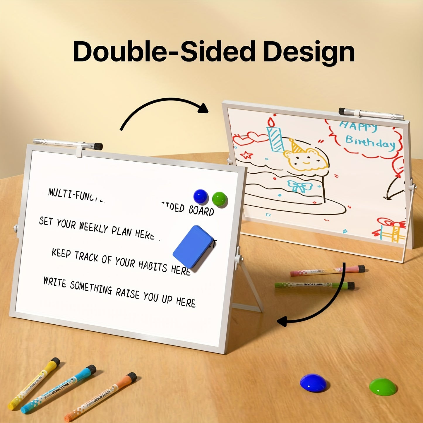 Dry Erase White Board with Stand, Double-Sided Weekly Whiteboard 30.48cm X 40.64cm, 10 Markers, 6 Magnets, 1 Eraser, Portable Desktop Whiteboard for Planning, Weekly Schedule Board for School for Home