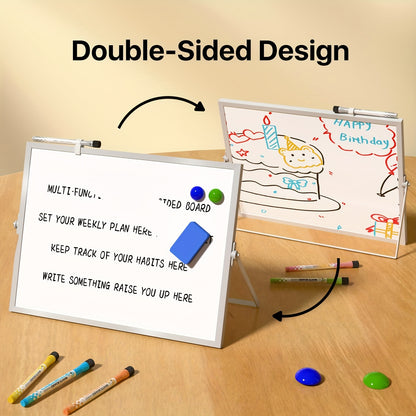 Dry Erase White Board with Stand, Double-Sided Weekly Whiteboard 30.48cm X 40.64cm, 10 Markers, 6 Magnets, 1 Eraser, Portable Desktop Whiteboard for Planning, Weekly Schedule Board for School for Home