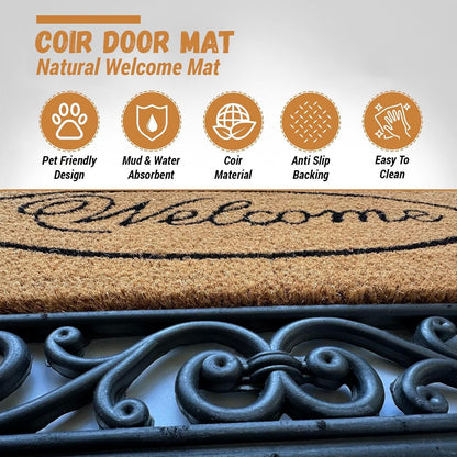 Welcome Coir Door Mat Heavy Duty Non Slip Indoor Outdoor Mat Machine Washable Doormat & Shoe Scraper Removes Grass Mud & Dirt Perfect for Front Door Patio & Entrance