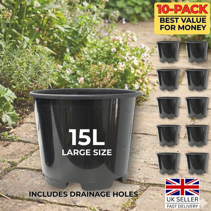 10x 15L Heavy Duty Containers Pots | Durable Recycled Plastic Plant Pots Made in the UK for Indoor & Outdoor Gardening | Includes Drainage Holes | Great for Compost or Hydroponics | Tomatoes, Vegetables, Beans, Potatoes, Flowers, Shrubs, Succulents, Herbs