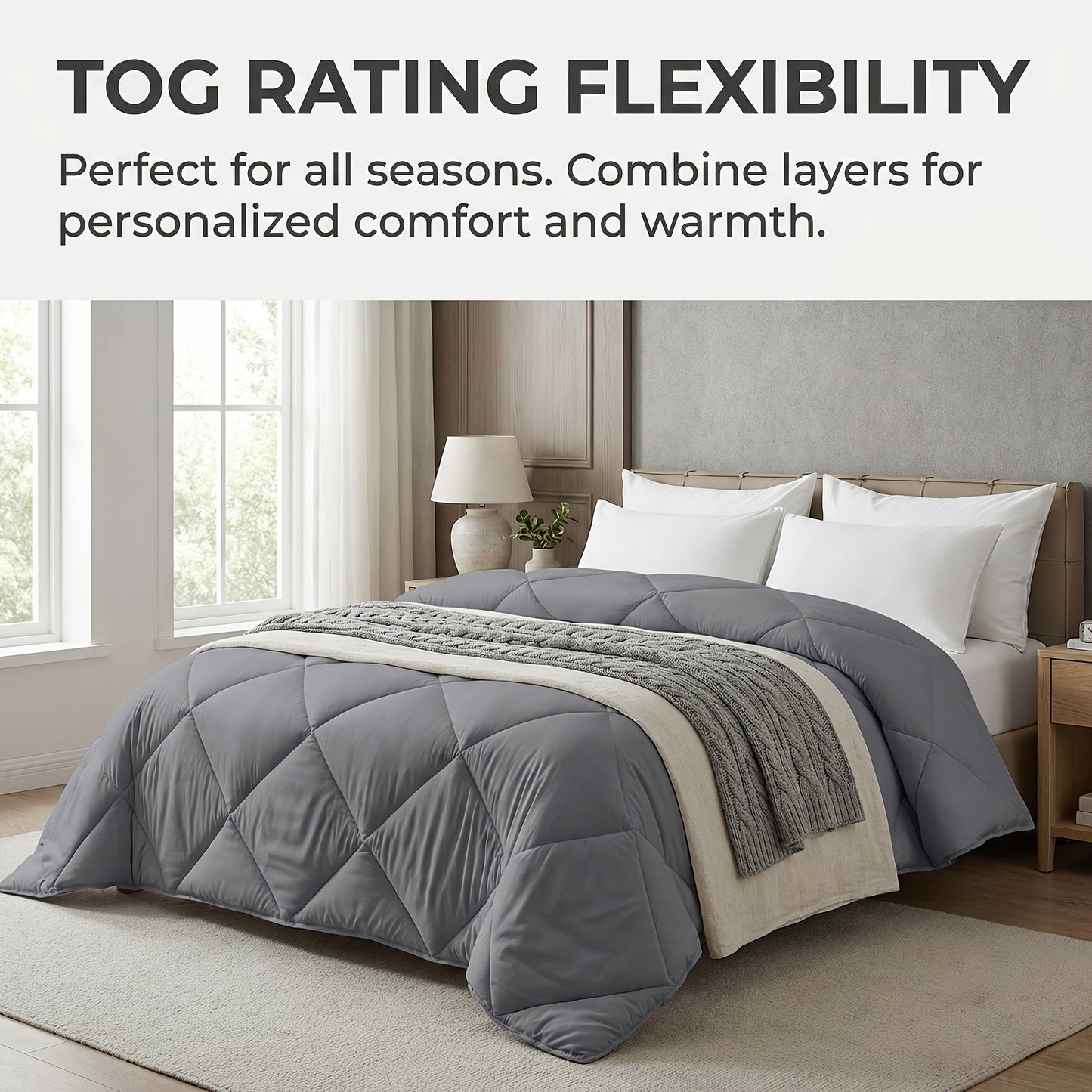 Tog 2.5 | 7.5 | 13.5 Grey All-Season Diamond Quilted Duvet Quilt Comforter | All-Season Breathable Lightweight Warm Bedding Comforte for Home Hotel