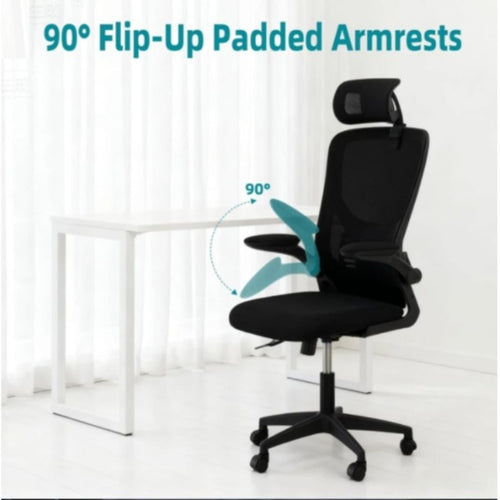 Ergonomic Mesh Office Chair with Adjustable Lumbar Support, Headrest & Flip-Up Armrests – Breathable High-Back Desk Chair for Home Office, Supports up to 150kg, Black