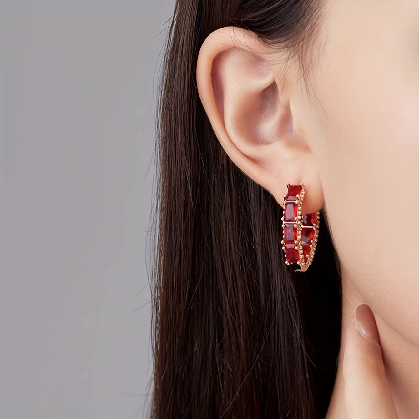 Earring Red Synthetic Zirconia Hoop Earrings Women with Metal - product gallery image 3