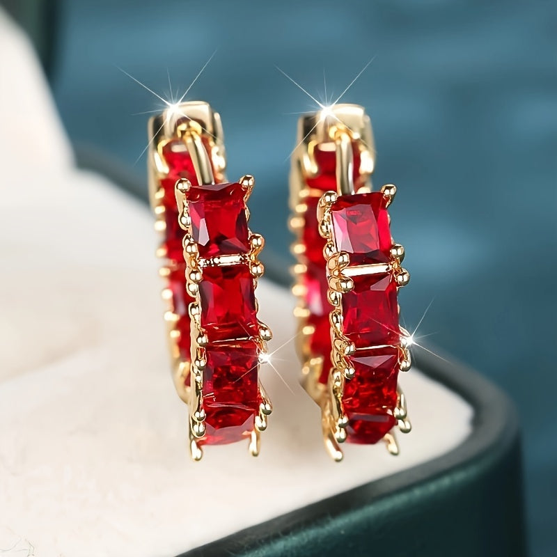 Earring Red Synthetic Zirconia Hoop Earrings Women with Metal - product gallery image 4