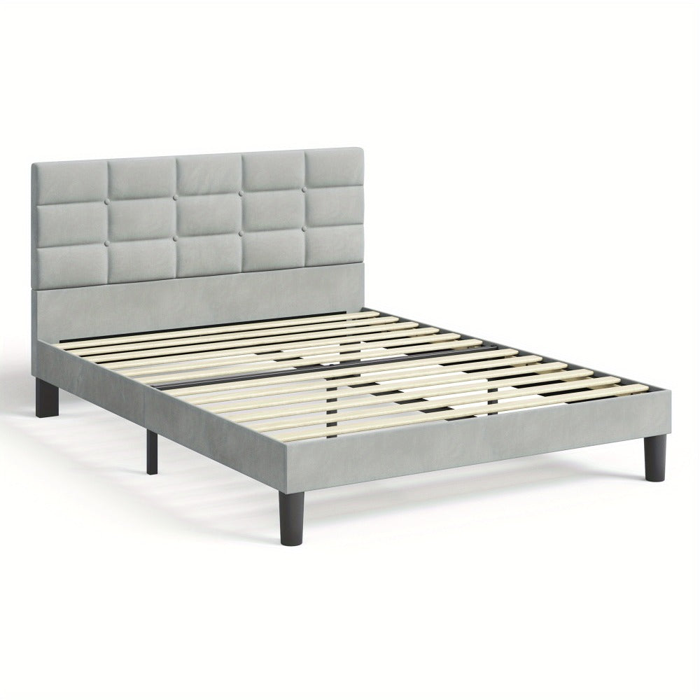 Velvet Bed Frame with Headboard & Wooden Slats | No Box Spring | No Pillow Gap | 30-Min Tool-Free Assembly | Single Double King Super King | Light Grey Platform Bed