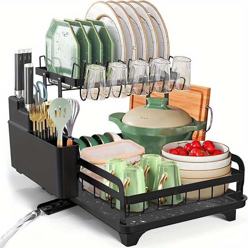 Dish Drying Rack, 2 Tier Foldable Stainless Steel Large Dish Drainer Rack with Drip Tray, Adjustable Utensil & Chopping Board Holder, Space- Saving Rustproof Non- Slip Kitchen Dish Dryer for Sink, Black