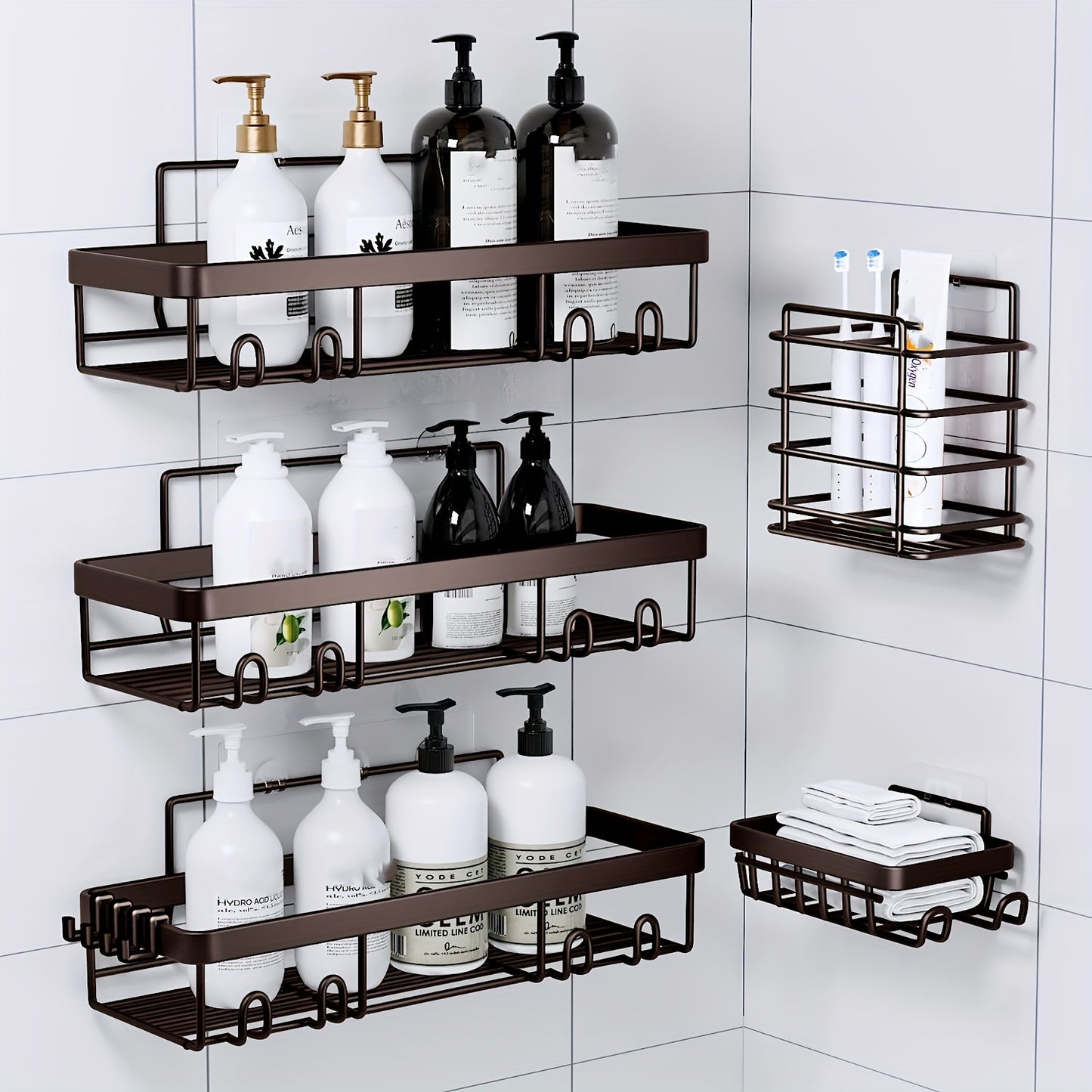 Shower Caddy, Bathroom Shower Organizers, Black Shower Shelves for Inside Shower with Soap Caddy & Toothbrush Holder, Stainless Steel Wall Rack Baskets Adhesives Mounted(1 And5pcs), Random Color Properties to Choose, Shelves