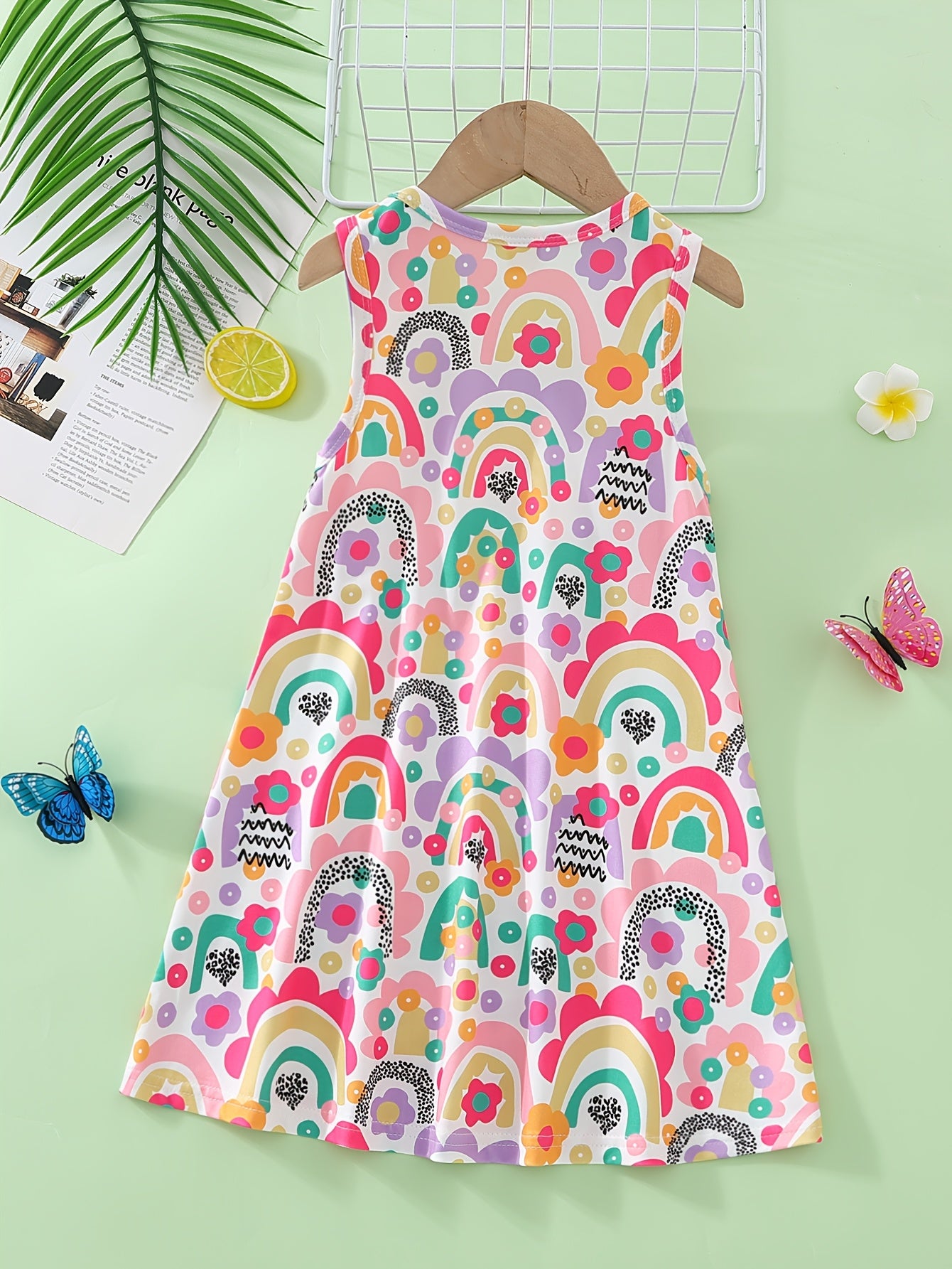 Girls' Summer Vibrant Cute Butterfly Flower Print Round Neck Sleeveless Dress for Vacation, Picnic, Casual Attire