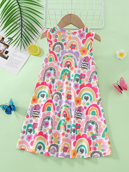 Girls' Summer Vibrant Cute Butterfly Flower Print Round Neck Sleeveless Dress for Vacation, Picnic, Casual Attire