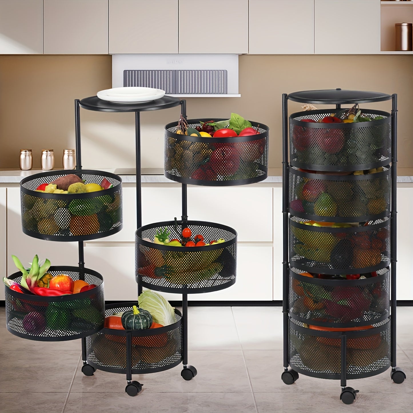 6-Tier Rotating Kitchen Storage Trolley with 5 Baskets – Carbon Steel Vegetable Fruit Rack on Wheels for Kitchen, Pantry & Laundry