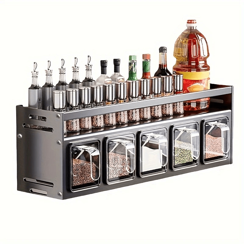 3/4/5-Compartment Seasoning Containers Kitchen Seasoning Storage Rack Spice Rack Organizer for Kitchen Countertop, 1 SET Stainless Steel Adjustable Wall Mounted Spice Storage ith Removable Containers and Seasoning Boxes -Halloween Ideal for Christmas Gift