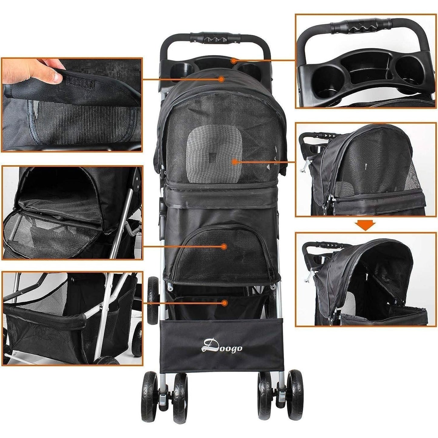 Foldable Pet Stroller With Rain Cover, Portable Foldable Outdoor Walking Cart with Large Space, Hand-Pull Design, Durable Oxford Fabric, Ergonomic Handle & Ventilation Mesh, Lightweight & Sturdy Frame For Small To Medium Dogs - Outdoor Pet Carrier, Modern