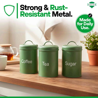 ADEPTNA 3pcs Tea Coffee Sugar Canister Set Airtight Metal Kitchen Storage Jars with Lids Durable Round Food Containers Easy Clean, Minimal Modern Design for Home, Office & Camping