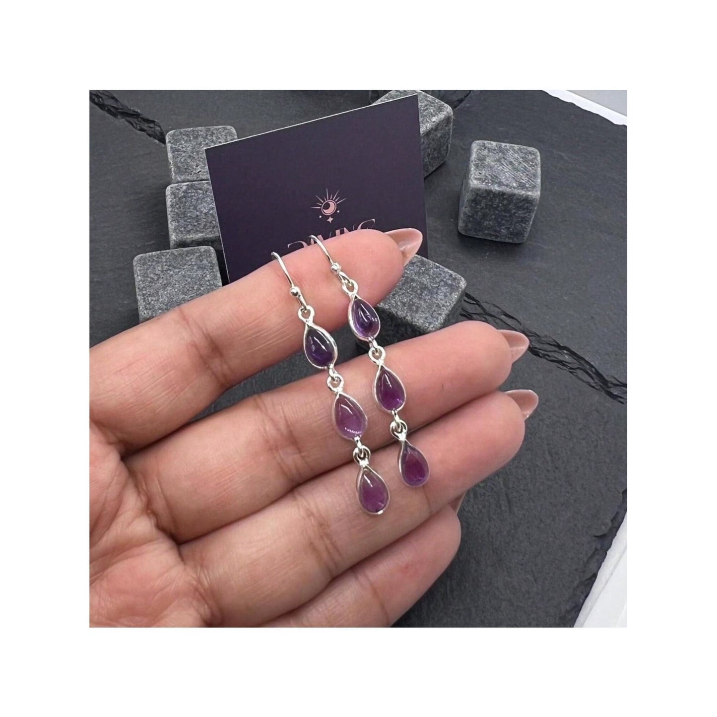 925 Sterling Silver Natural Gemstone 3 stone long Earring, Bezel Set Birthstone Ring, Perfect gift