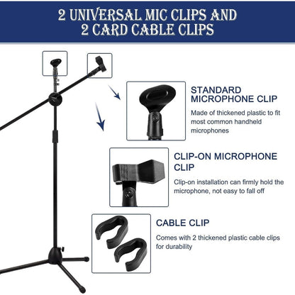 Microphone Stand Boom Adjustable Straight Collapsible Studio Holder with Free Tripod Telescoping Mic Clip Adapter Tripod Base for Musicians Party Stage Black